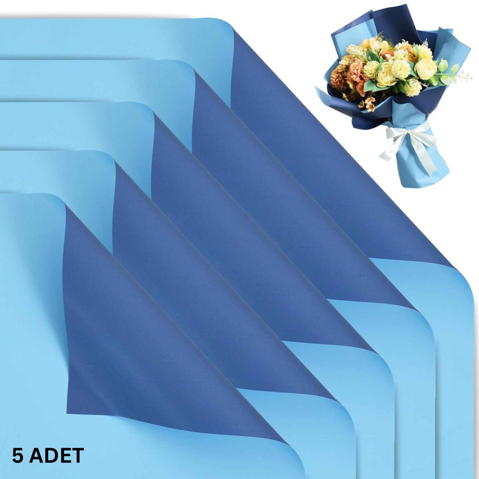 Çiçek Ambalaj Kağıdı 5li, Çift Yüzlü Mat Şeffaf Buket Sargı Kağıdı, Açık & Koyu Mavi, 58x58 Cm