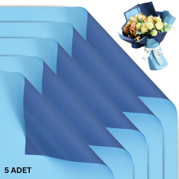 Çiçek Ambalaj Kağıdı 5li, Çift Yüzlü Mat Şeffaf Buket Sargı Kağıdı, Açık & Koyu Mavi, 58x58 Cm