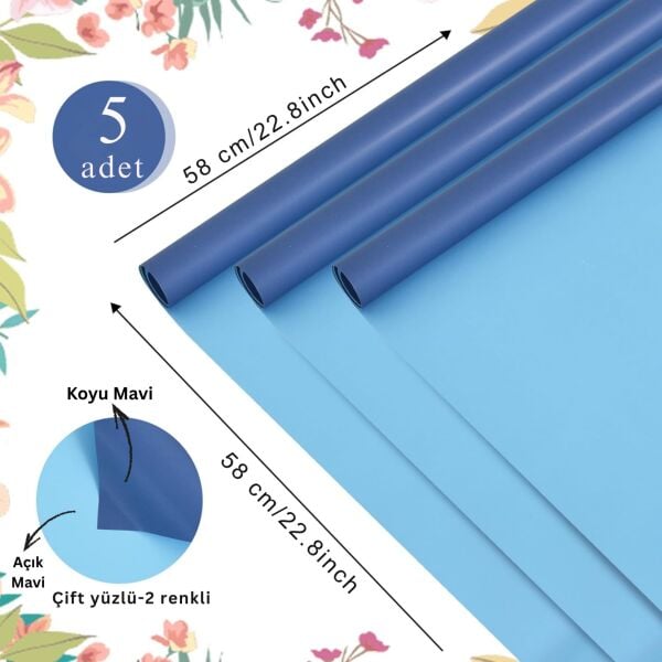 Çiçek Ambalaj Kağıdı 5li, Çift Yüzlü Mat Şeffaf Buket Sargı Kağıdı, Açık & Koyu Mavi, 58x58 Cm