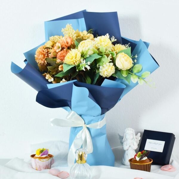 Çiçek Ambalaj Kağıdı 5li, Çift Yüzlü Mat Şeffaf Buket Sargı Kağıdı, Açık & Koyu Mavi, 58x58 Cm