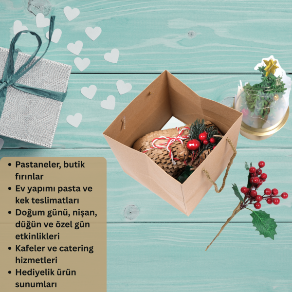 Kraft Karton Pasta Çanta, Kare Taban, Körüklü, İpli Hediye Taşıma Çantası, 24x24x24 Cm, 2li Paket
