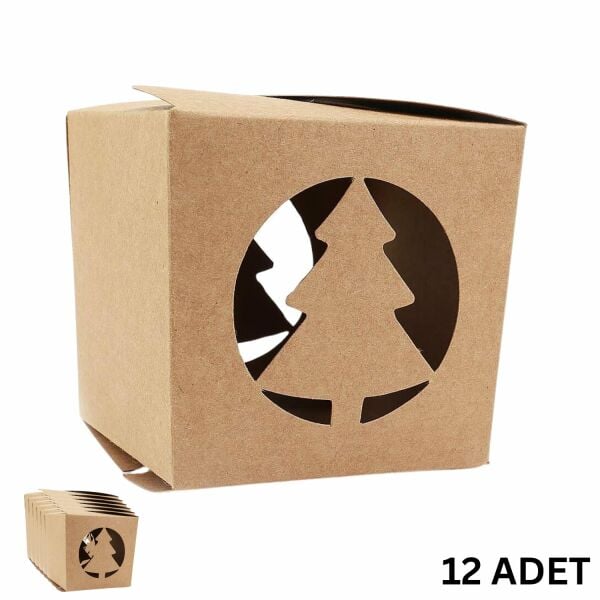 Yılbaşı Çam Ağacı Kesim Kraft Hediye Kutu, 12 Adet, Parti, Dekor, Süs Kutusu, 9 x 9 x 8.5 Cm
