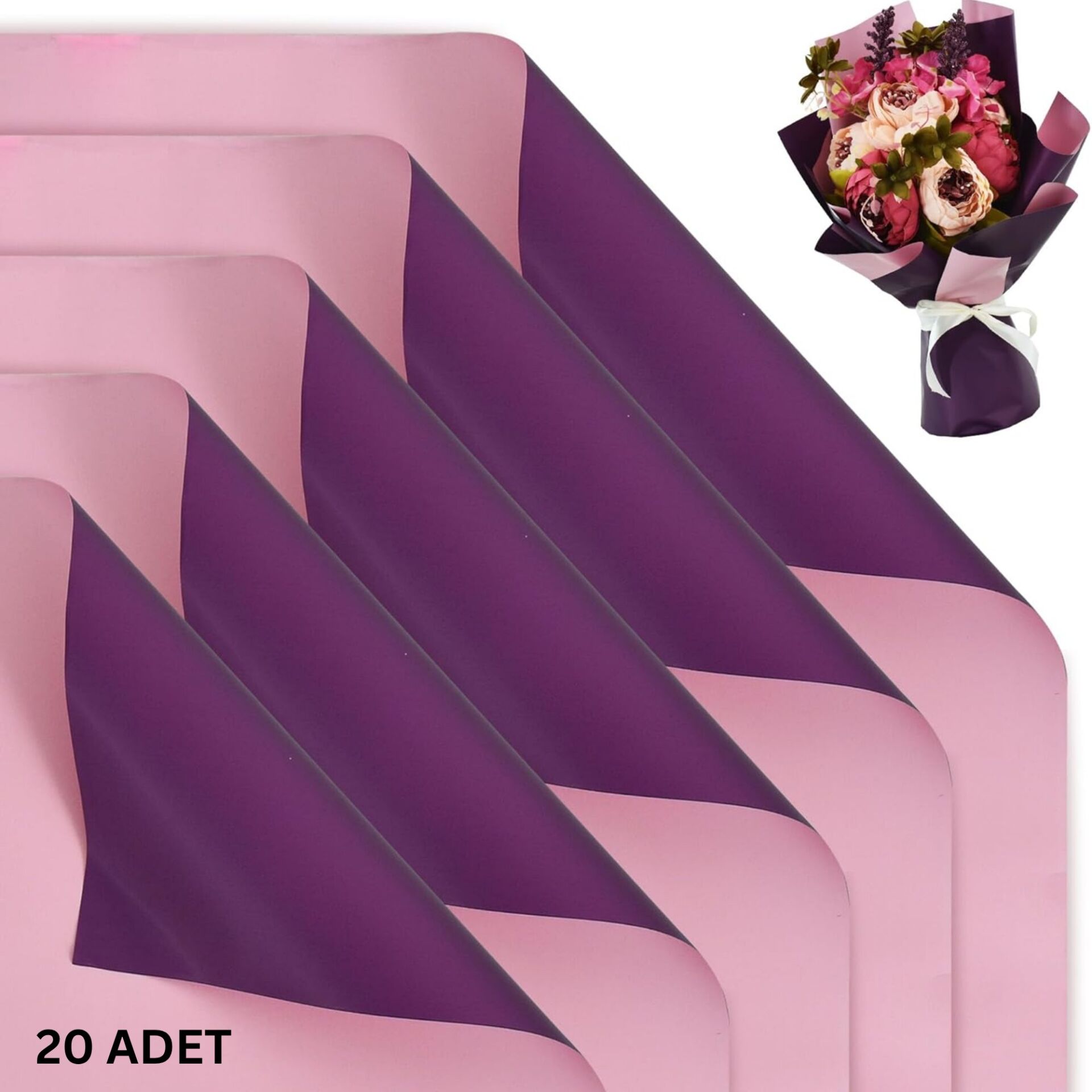 Çiçek Ambalaj Kağıdı 20li, Çift Yüzlü Mat Şeffaf Hediye Buket Sargı Kağıdı, Mor & Pembe, 58x58 Cm