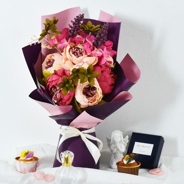 Çiçek Ambalaj Kağıdı 20li, Çift Yüzlü Mat Şeffaf Hediye Buket Sargı Kağıdı, Mor & Pembe, 58x58 Cm