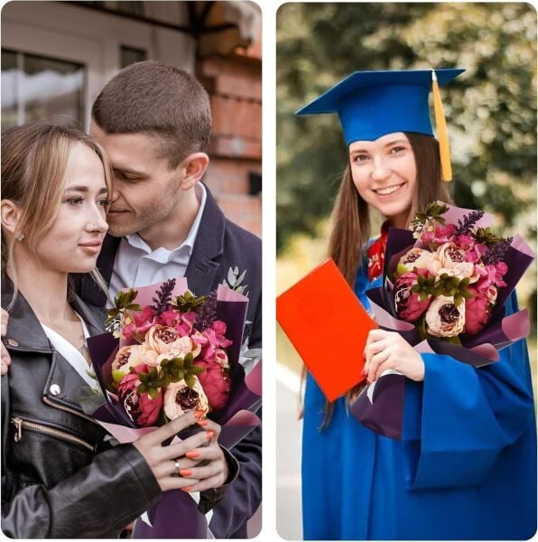 Çiçek Ambalaj Kağıdı 20li, Çift Yüzlü Mat Şeffaf Hediye Buket Sargı Kağıdı, Mor & Pembe, 58x58 Cm