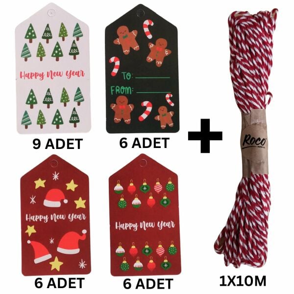 Yılbaşı Karışık Temalı Hediye Etiketi(27 Adet) & Kırmızı Beyaz İp Seti(10m), Paketleme Kartı,4,5x8Cm