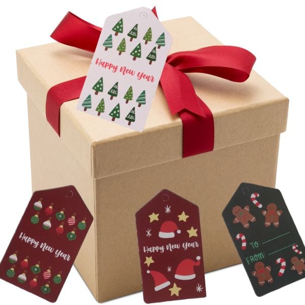 Yılbaşı Karışık Temalı Hediye Etiketi(27 Adet) & Kırmızı Beyaz İp Seti(10m), Paketleme Kartı,4,5x8Cm