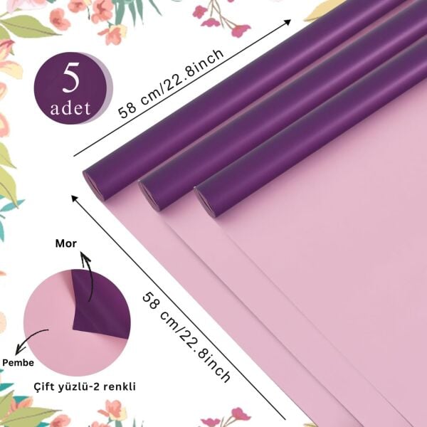 Çiçek Ambalaj Kağıdı 5li, Çift Yüzlü Mat Şeffaf Hediye Buket Sargı Kağıdı, Mor & Pembe, 58x58 Cm
