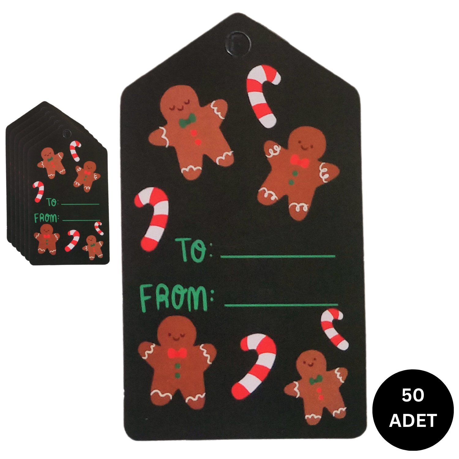 Yılbaşı Kurabiye Adam Temalı Hediye Etiketi, Yeniyıl Paketleme İsim Kartı, 50 Adet, 4,5x8Cm