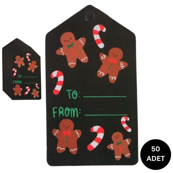 Yılbaşı Kurabiye Adam Temalı Hediye Etiketi, Yeniyıl Paketleme İsim Kartı, 50 Adet, 4,5x8Cm
