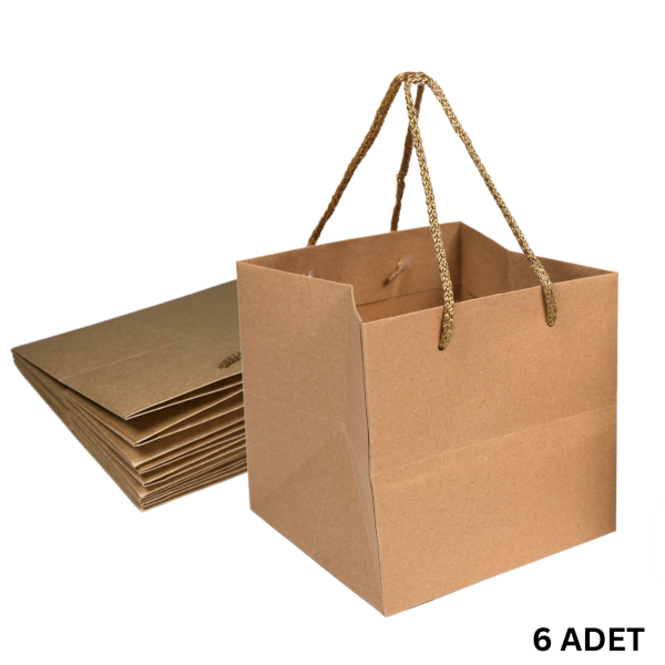 Kraft Karton Pasta Çanta, Kare Taban, Körüklü, İpli Hediye Taşıma Çantası, 24x24x24 Cm, 6lı Paket