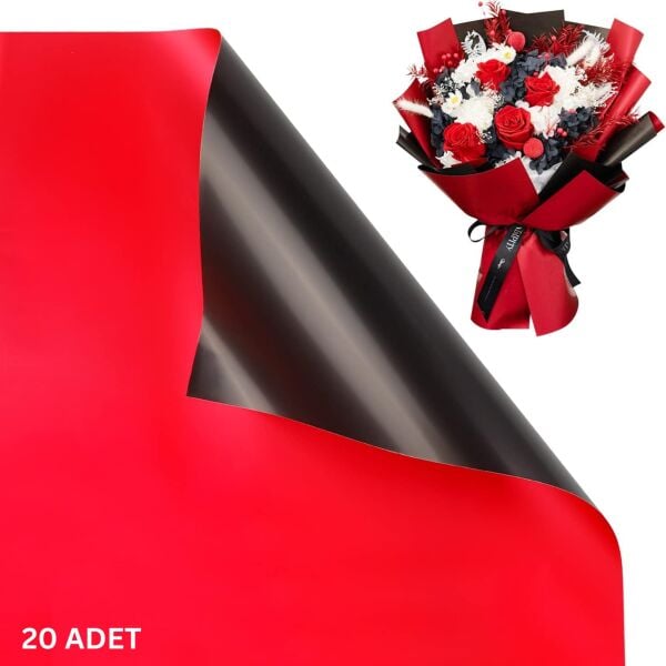 Çiçek Ambalaj Kağıdı 20li, Çift Yüzlü Mat Şeffaf Hediye Buket Sargı Kağıdı, Kırmızı & Siyah, 58x58 Cm