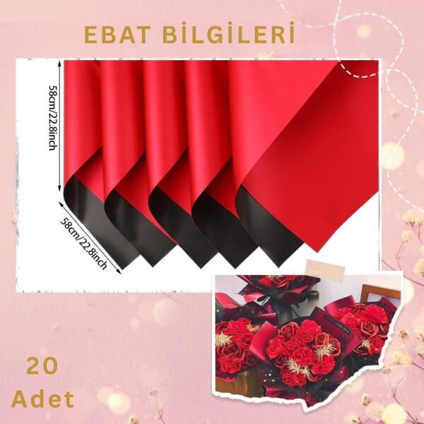 Çiçek Ambalaj Kağıdı 20li, Çift Yüzlü Mat Şeffaf Hediye Buket Sargı Kağıdı, Kırmızı & Siyah, 58x58 Cm