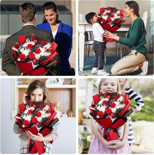 Çiçek Ambalaj Kağıdı 20li, Çift Yüzlü Mat Şeffaf Hediye Buket Sargı Kağıdı, Kırmızı & Siyah, 58x58 Cm