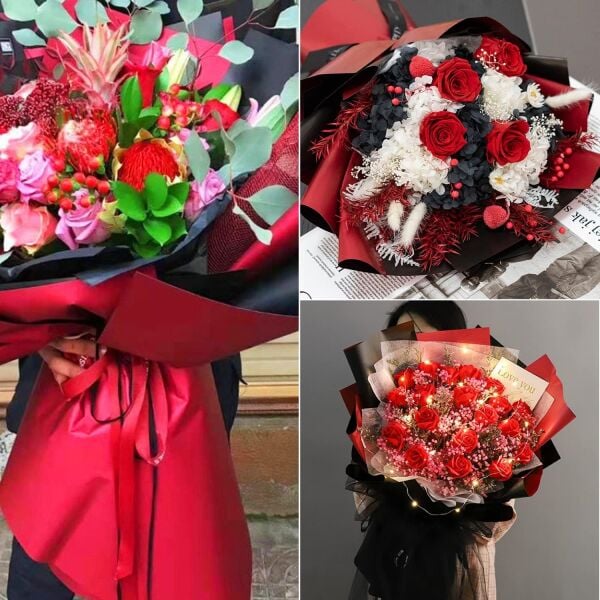 Çiçek Ambalaj Kağıdı 20li, Çift Yüzlü Mat Şeffaf Hediye Buket Sargı Kağıdı, Kırmızı & Siyah, 58x58 Cm