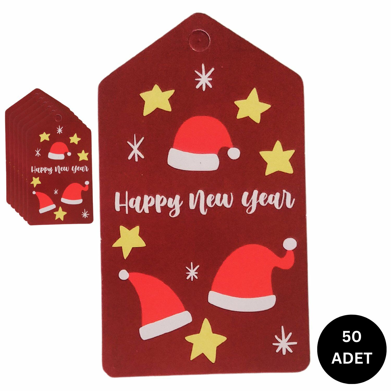 Yılbaşı Noel Şapka Temalı Hediye Etiketi, Yeniyıl Paketleme Kartı-Happy New Year, 50 Adet, 4,5x8Cm