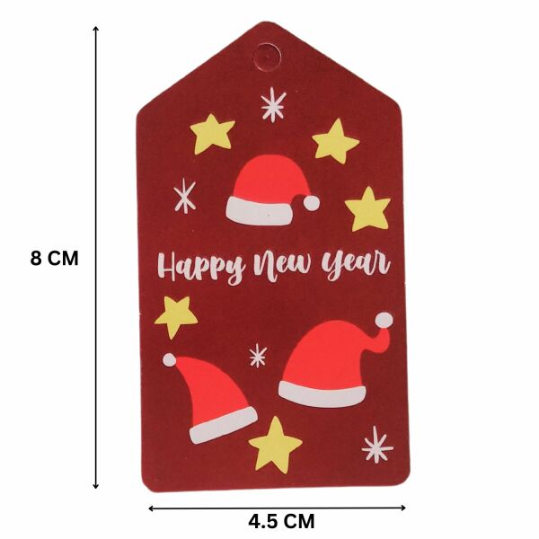 Yılbaşı Noel Şapka Temalı Hediye Etiketi, Yeniyıl Paketleme Kartı-Happy New Year, 50 Adet, 4,5x8Cm