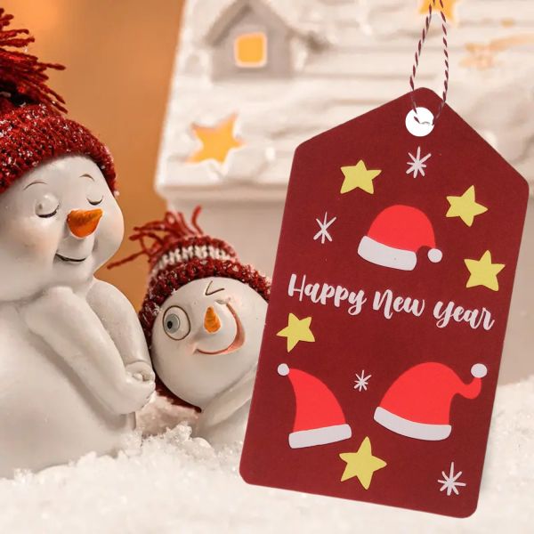 Yılbaşı Noel Şapka Temalı Hediye Etiketi, Yeniyıl Paketleme Kartı-Happy New Year, 50 Adet, 4,5x8Cm