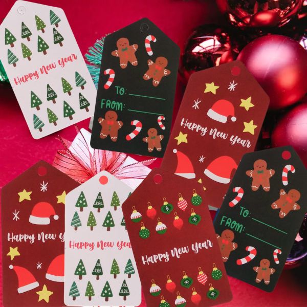 Yılbaşı Noel Şapka Temalı Hediye Etiketi, Yeniyıl Paketleme Kartı-Happy New Year, 50 Adet, 4,5x8Cm