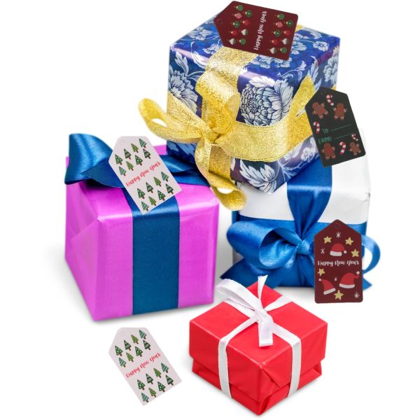 Yılbaşı Noel Şapka Temalı Hediye Etiketi, Yeniyıl Paketleme Kartı-Happy New Year, 50 Adet, 4,5x8Cm