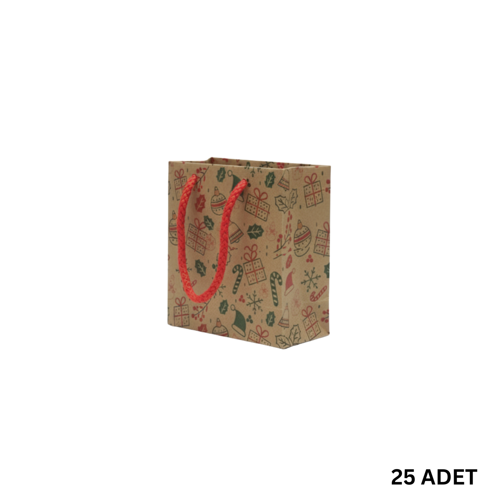 Yılbaşı Tasarımlı Kraft Karton Çanta Seti-25li, Kırmızı İpli Parti, Noel, Hediye Çantası, 11x11 Cm