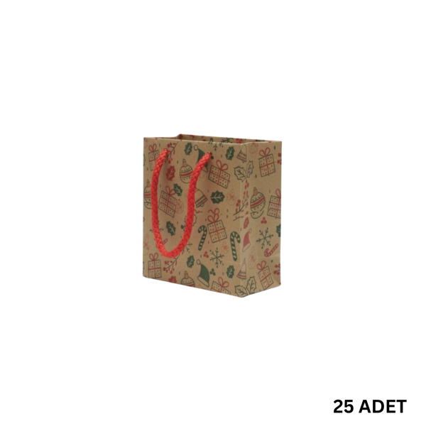 Yılbaşı Tasarımlı Kraft Karton Çanta Seti-25li, Kırmızı İpli Parti, Noel, Hediye Çantası, 11x11 Cm