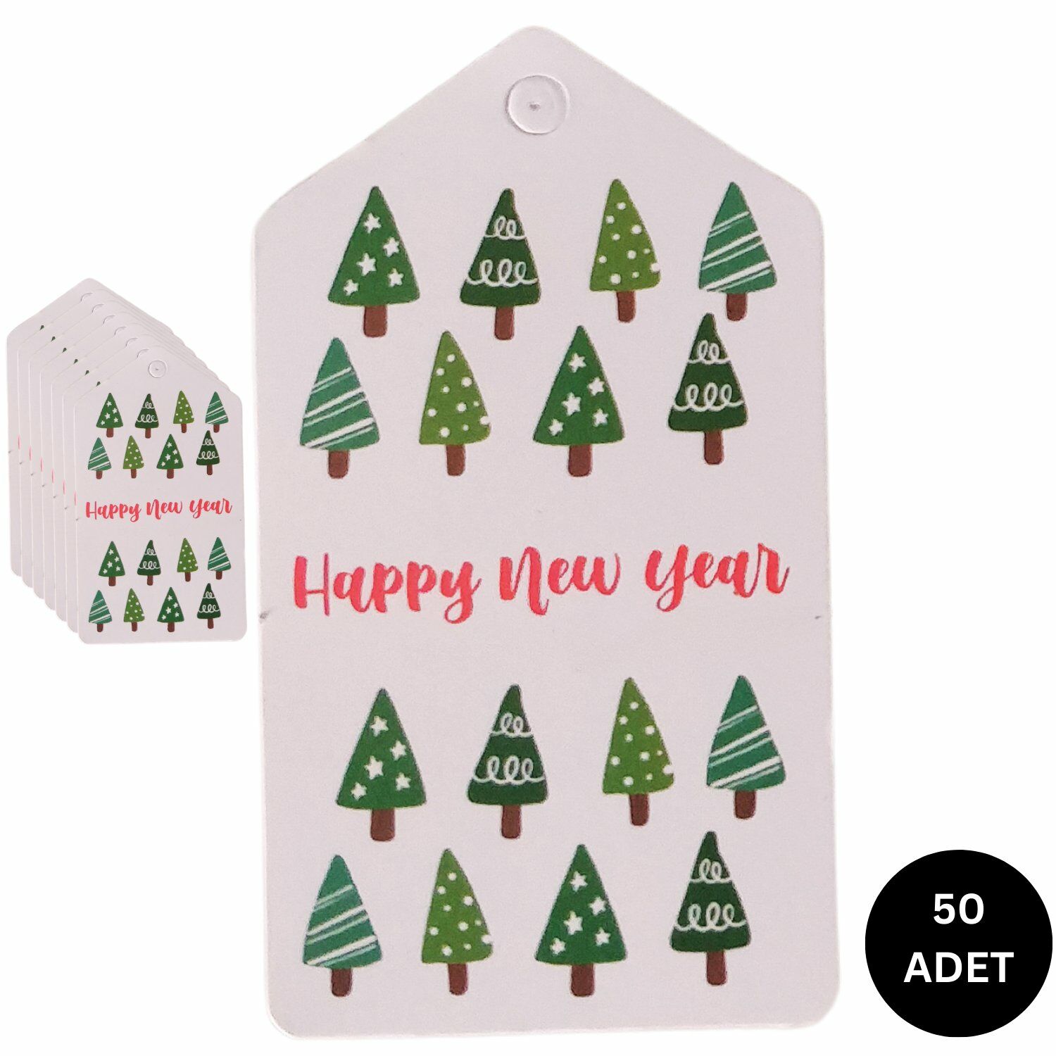 Yılbaşı Çam Ağaçları Temalı Hediye Etiketi, Yeniyıl Paketleme Kartı-Happy New Year, 50 Adet, 4,5x8Cm
