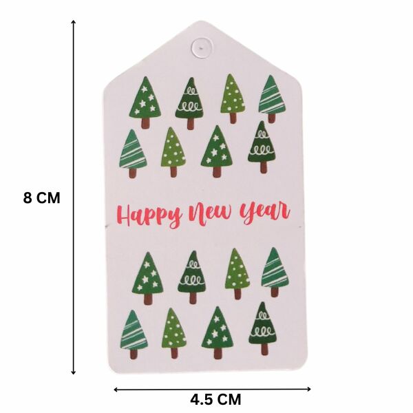 Yılbaşı Çam Ağaçları Temalı Hediye Etiketi, Yeniyıl Paketleme Kartı-Happy New Year, 50 Adet, 4,5x8Cm