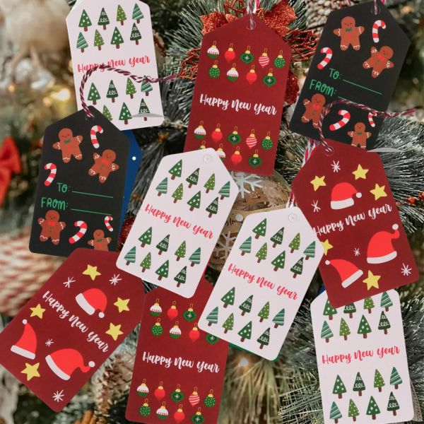 Yılbaşı Çam Ağaçları Temalı Hediye Etiketi, Yeniyıl Paketleme Kartı-Happy New Year, 50 Adet, 4,5x8Cm