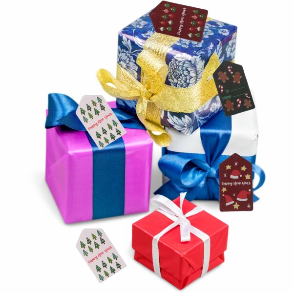 Yılbaşı Çam Ağaçları Temalı Hediye Etiketi, Yeniyıl Paketleme Kartı-Happy New Year, 50 Adet, 4,5x8Cm