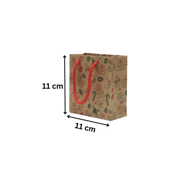 Yılbaşı Tasarımlı Kraft Karton Çanta Seti-25li, Kırmızı İpli Parti, Noel, Hediye Çantası, 11x11 Cm