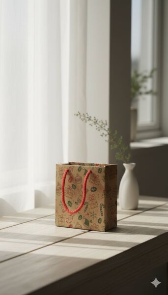Yılbaşı Tasarımlı Kraft Karton Çanta Seti-25li, Kırmızı İpli Parti, Noel, Hediye Çantası, 11x11 Cm