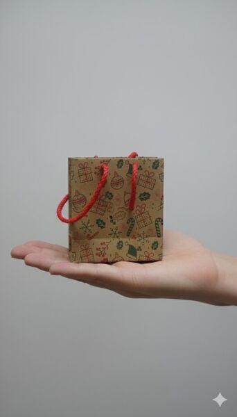 Yılbaşı Tasarımlı Kraft Karton Çanta Seti-25li, Kırmızı İpli Parti, Noel, Hediye Çantası, 11x11 Cm