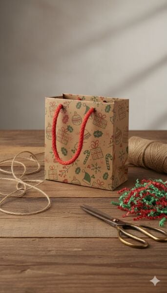 Yılbaşı Tasarımlı Kraft Karton Çanta Seti-25li, Kırmızı İpli Parti, Noel, Hediye Çantası, 11x11 Cm