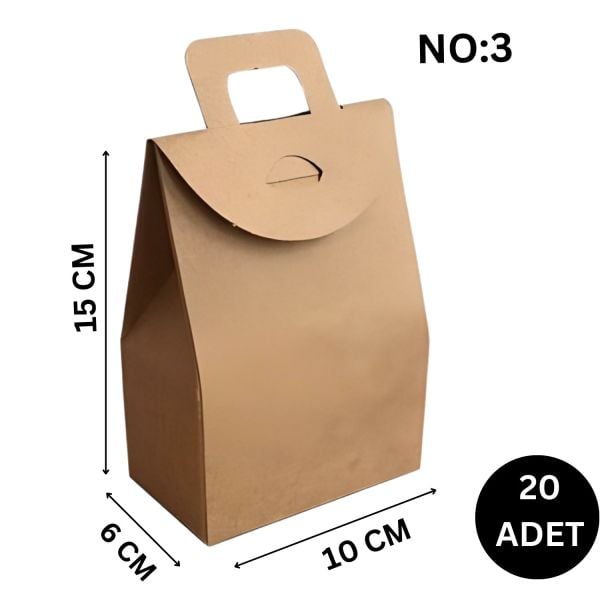 Kraft El Geçmeli Hediye Çantası (20'li), Kına, Parti için Çerez, Şekerleme Kutusu, No:3, 10x15x6 Cm