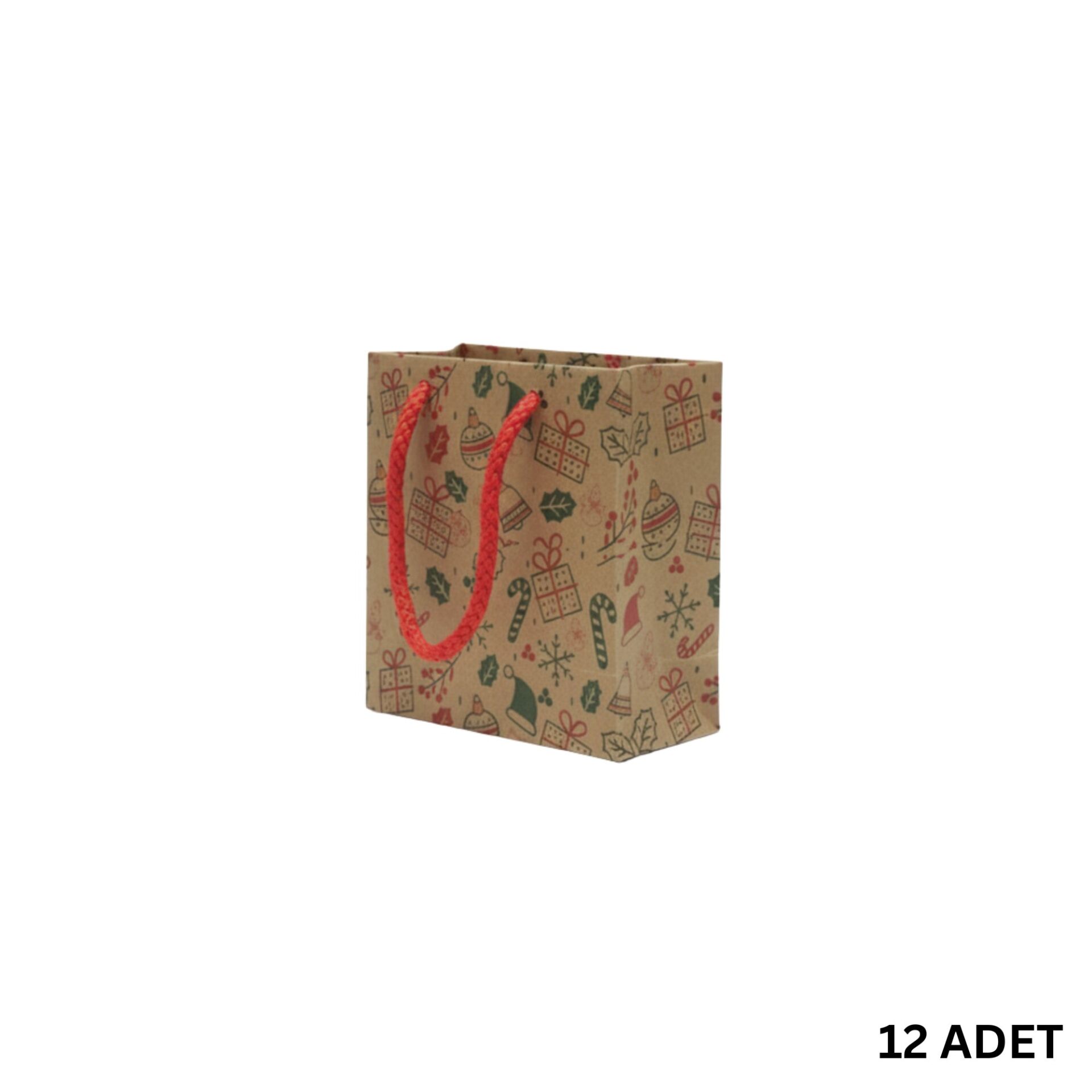 Yılbaşı Tasarımlı Kraft Karton Çanta Seti-12li, Parti, Noel, Hediye Çantası, Kırmızı İpli, 11x11 Cm