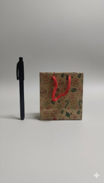 Yılbaşı Tasarımlı Kraft Karton Çanta Seti-12li, Parti, Noel, Hediye Çantası, Kırmızı İpli, 11x11 Cm