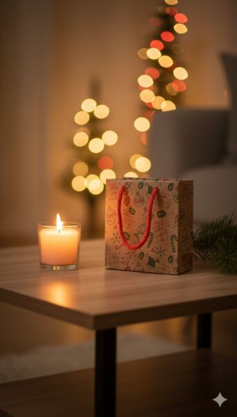 Yılbaşı Tasarımlı Kraft Karton Çanta Seti-12li, Parti, Noel, Hediye Çantası, Kırmızı İpli, 11x11 Cm