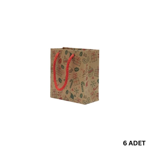 Yılbaşı Desenli Kraft Karton Çanta Seti-6lı, Kırmızı İpli Parti, Noel, Hediye Çantası, 11x11 Cm