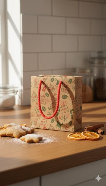 Yılbaşı Desenli Kraft Karton Çanta Seti-6lı, Kırmızı İpli Parti, Noel, Hediye Çantası, 11x11 Cm