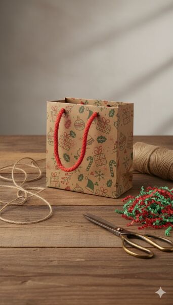 Yılbaşı Desenli Kraft Karton Çanta Seti-6lı, Kırmızı İpli Parti, Noel, Hediye Çantası, 11x11 Cm