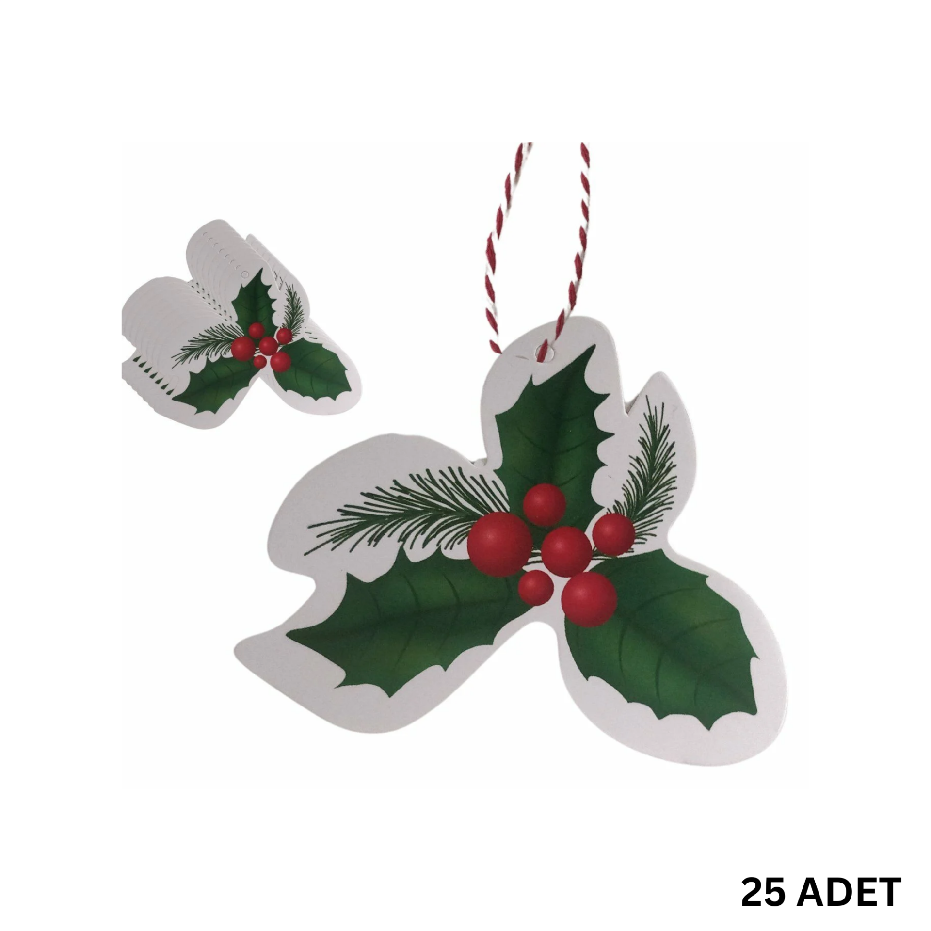 Yılbaşı Kokina Desenli Etiket, Yeniyıl Çam Temalı Sallantı Kartı, 25 Adet