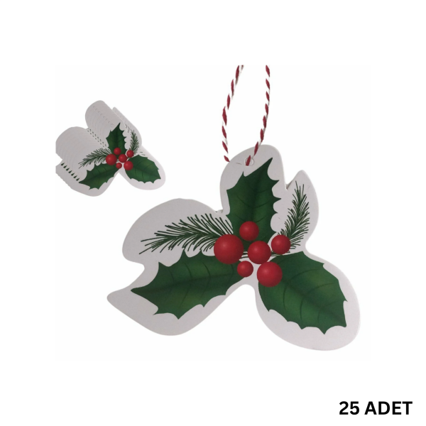 Yılbaşı Kokina Desenli Etiket, Yeniyıl Çam Temalı Sallantı Kartı, 25 Adet