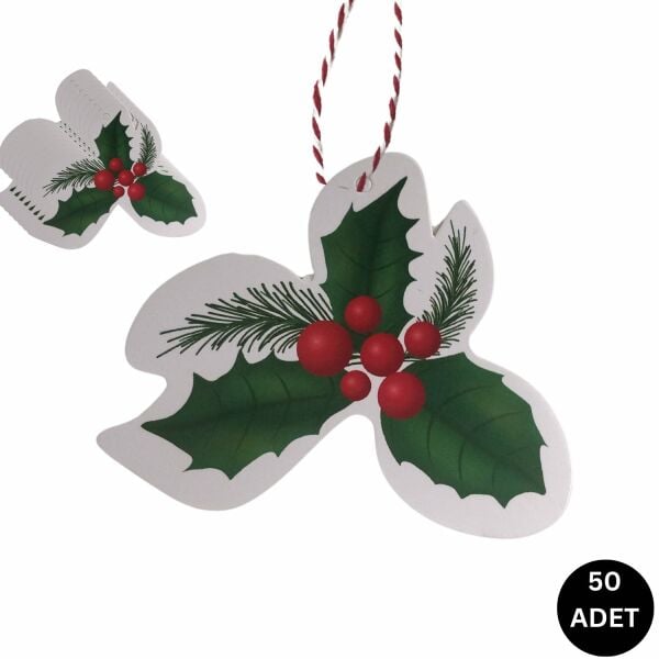 Yılbaşı Kokina Desenli Etiket, Yeniyıl Çam Temalı Sallantı Kartı, 25 Adet