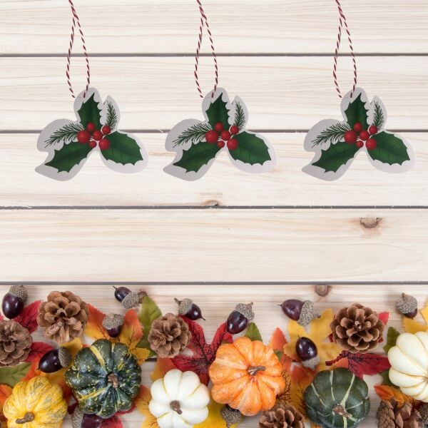 Yılbaşı Kokina Desenli Etiket, Yeniyıl Çam Temalı Sallantı Kartı, 25 Adet