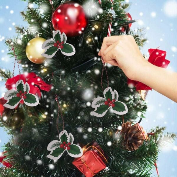 Yılbaşı Kokina Desenli Etiket, Yeniyıl Çam Temalı Sallantı Kartı, 25 Adet