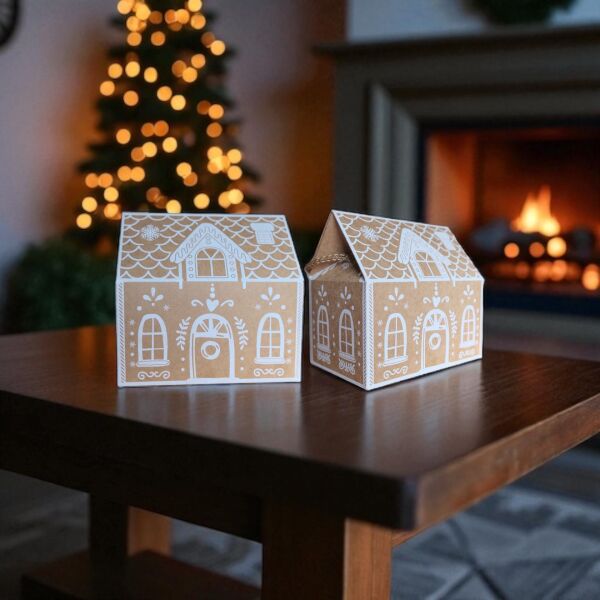 Yılbaşı Ev Tasarımlı Kutu Çanta, Dekoratif Yeniyıl, Düğün Hediye Çantası, Baskılı-12li, 9.5x14.5x15 Cm