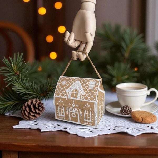 Yılbaşı Ev Tasarımlı Kutu Çanta, Dekoratif Yeniyıl, Düğün Hediye Çantası, Baskılı-12li, 9.5x14.5x15 Cm