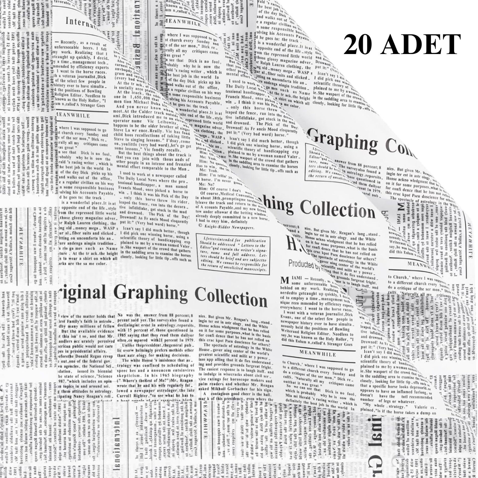 Gazete Desenli Çiçek Ambalaj Kağıdı 20li, Çift Baskı Mat OPP Hediye Buket Kağıdı, Beyaz, 58x58 Cm