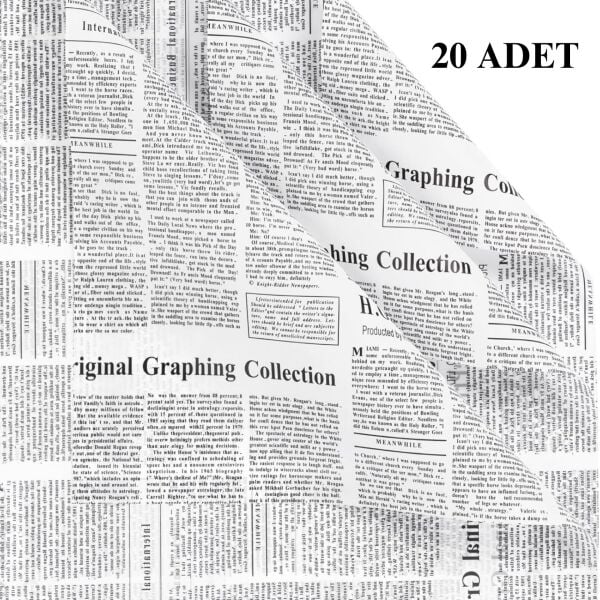 Gazete Desenli Çiçek Ambalaj Kağıdı 20li, Çift Baskı Mat OPP Hediye Buket Kağıdı, Beyaz, 58x58 Cm